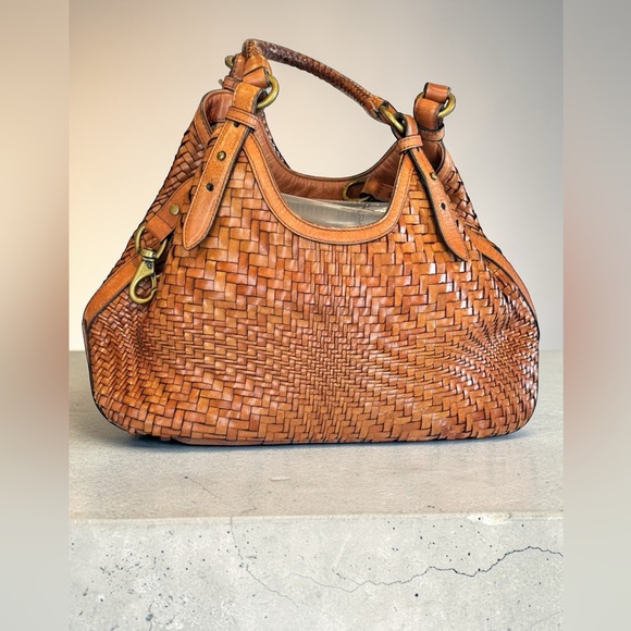 Cole Haan Woven Leather Hobo Bag Tan Cognac Handbag Boho Luxe - Picture 2 of 9